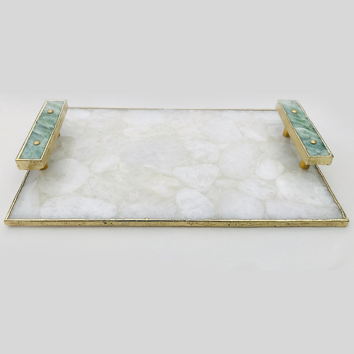 White Crystal Agate Serving Tray with Green Agate Handles