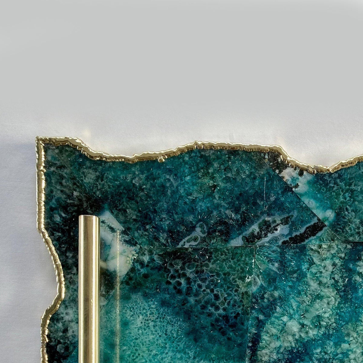 Large Composite Green Agate Serving Tray With Plain Modern Brass Handles 10"x15"