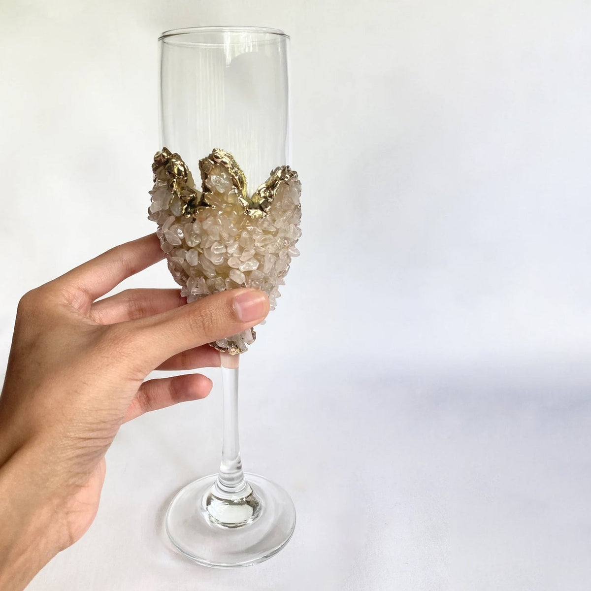 Crystal Champagne Glasses with Rose Quartz Agate – Set of 2, 7 oz