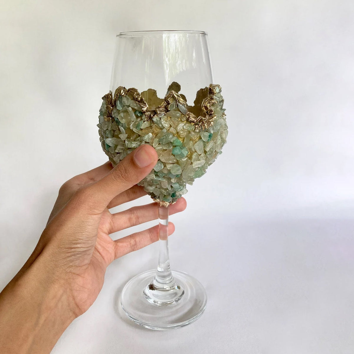 Crystal Wine Glasses with Light Green Agate – Set of 2, 16 oz