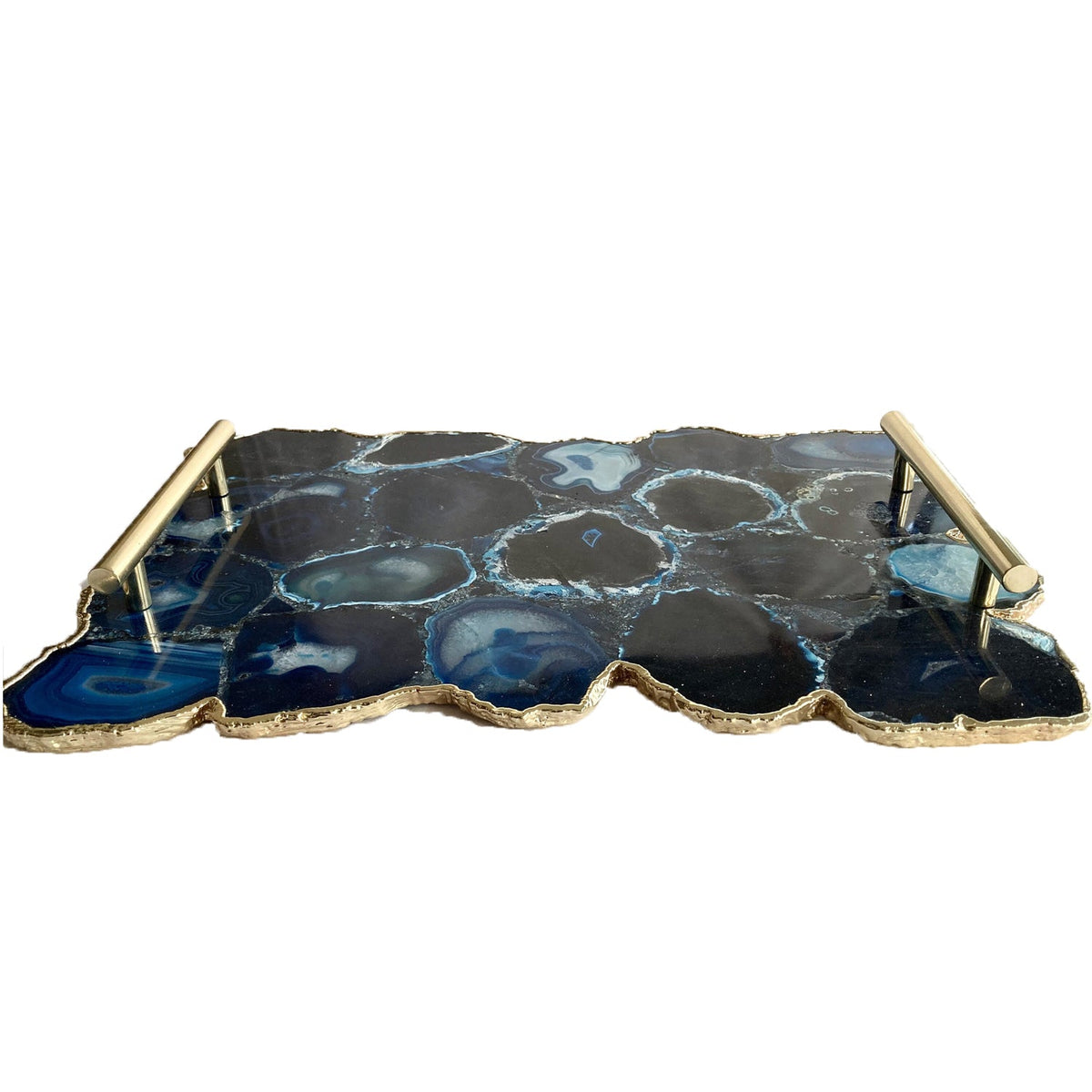 Large Blue Agate Serving Tray With Plain Modern Brass Handles 10"x15"