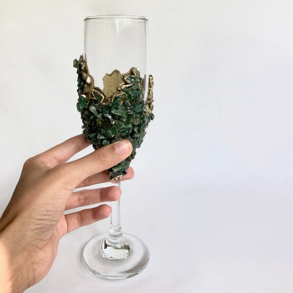 Crystal Champagne Glasses with Dark Green Agate – Set of 2, 7 oz