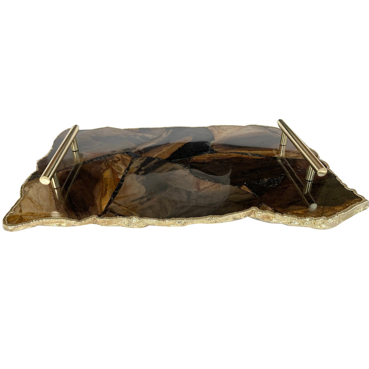 Large Brown Agate Serving Tray With Brass Handles 10"x15"
