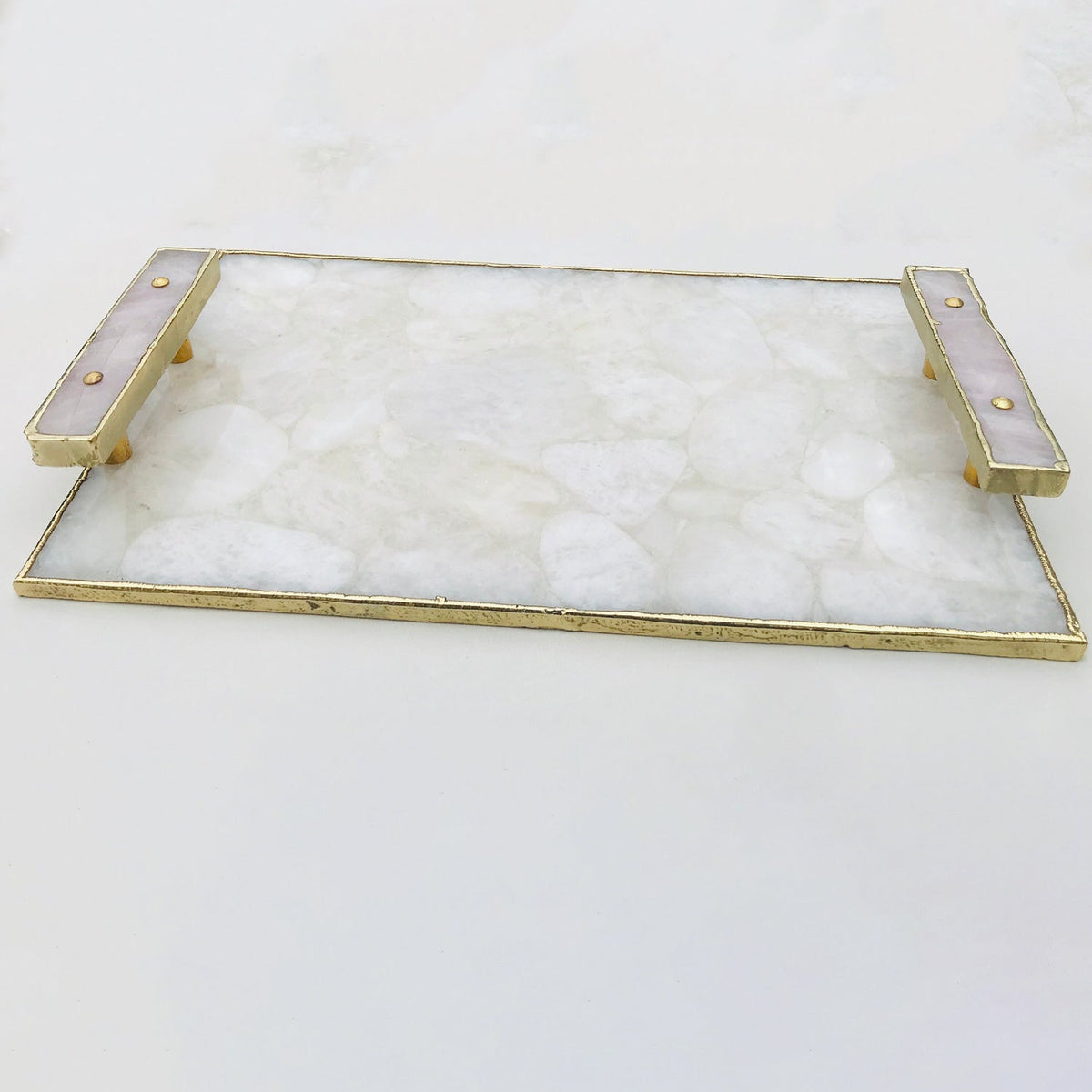 White Crystal Agate Serving Tray with Rose Quartz Handles