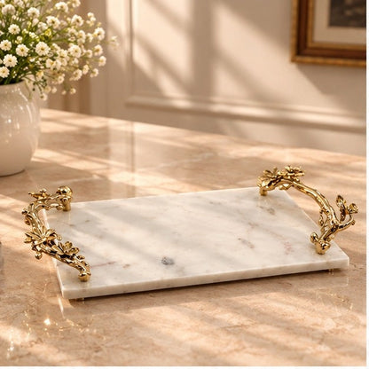 White Marble Natural Serving Tray with Gilded Floral Handles