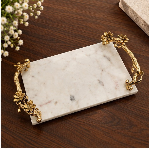 White Marble Natural Serving Tray with Gilded Floral Handles