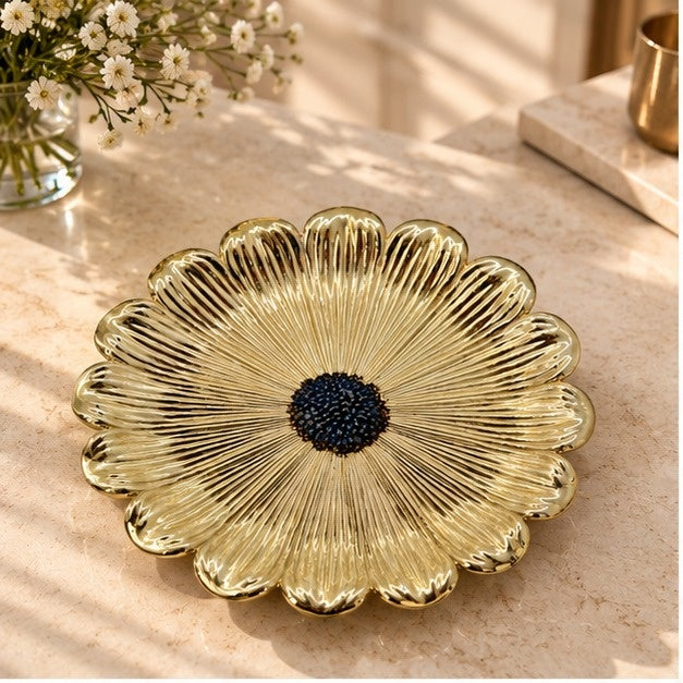Sunflower Decorative Tray – Electro-formed Flower Jewelry Dish | Gold with Antique Finish | Flower Inspired Home Accent