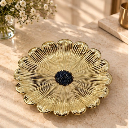 Sunflower Decorative Tray – Electro-formed Flower Jewelry Dish | Gold with Antique Finish | Flower Inspired Home Accent