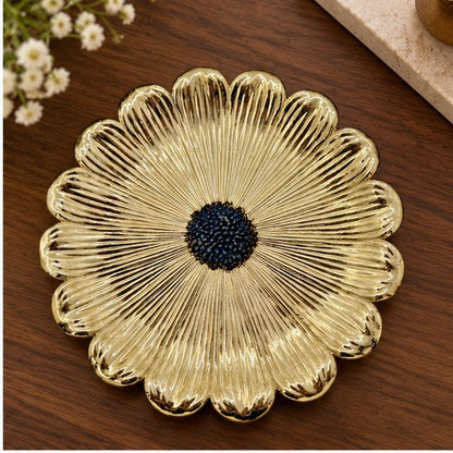 Sunflower Decorative Tray – Electro-formed Flower Jewelry Dish | Gold with Antique Finish | Flower Inspired Home Accent