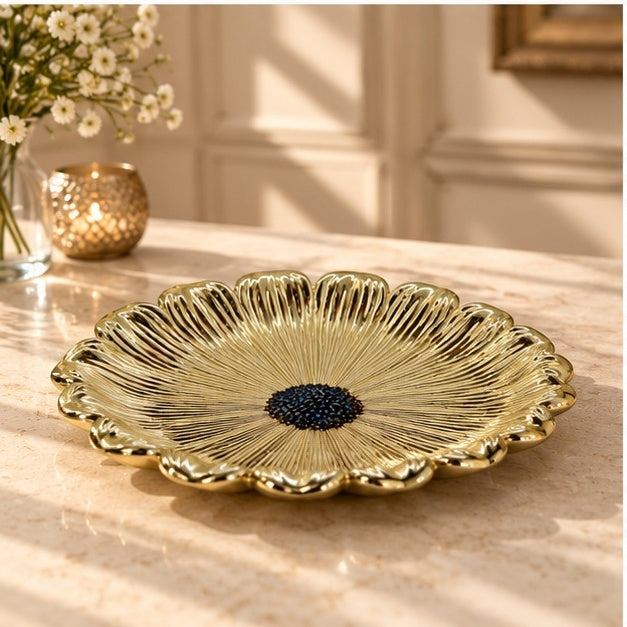 Sunflower Decorative Tray – Electro-formed Flower Jewelry Dish | Gold with Antique Finish | Flower Inspired Home Accent