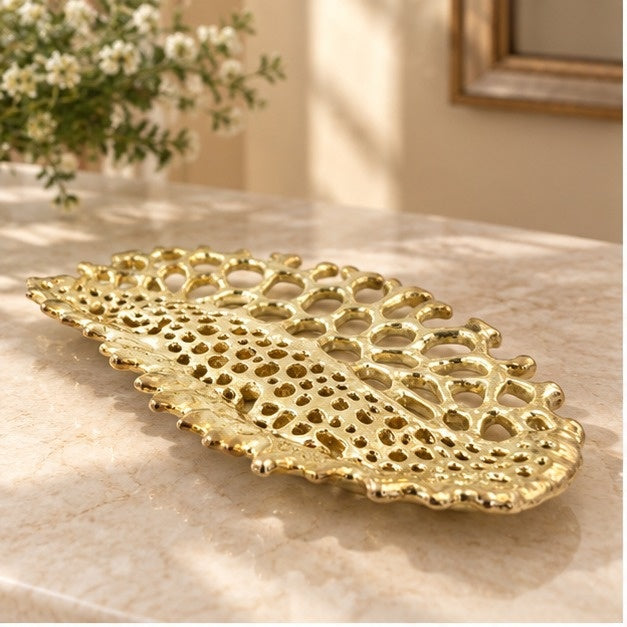 Fossil Inspired Decorative Tray – Electro-formed Sculptural Jewelry/Decor Dish | Gold or Silver Finish | Modern Coffee Table Accent