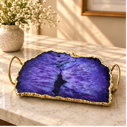 Purple Agate Serving Tray With Brass Loop Handles