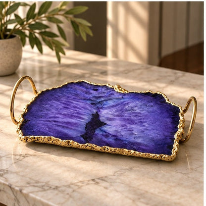 Purple Agate Serving Tray With Brass Loop Handles