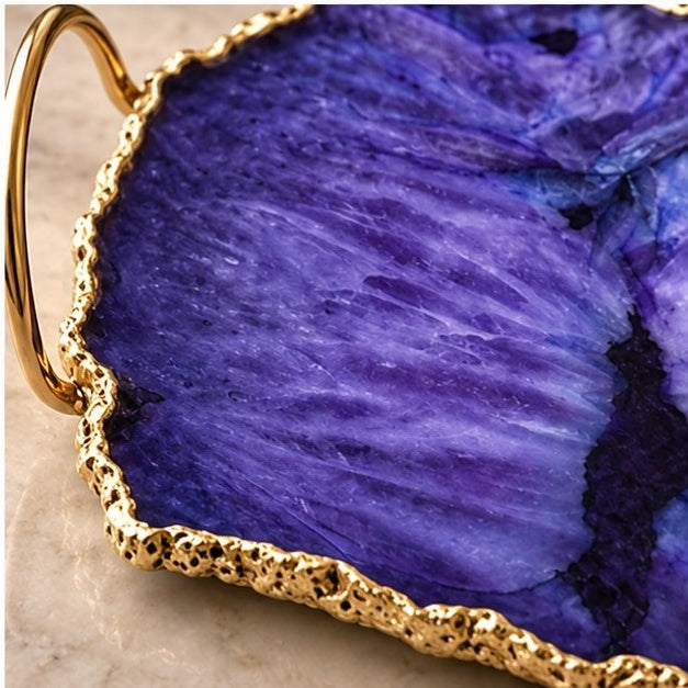 Purple Agate Serving Tray With Brass Loop Handles