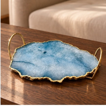Blue Agate Serving Tray With Brass Loop Handles