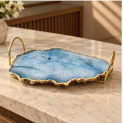 Blue Agate Serving Tray With Brass Loop Handles