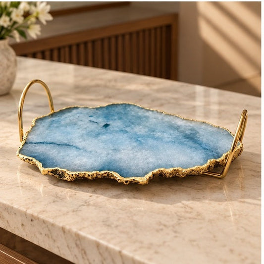 Blue Agate Serving Tray With Brass Loop Handles