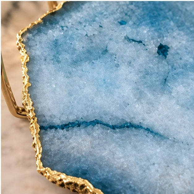 Blue Agate Serving Tray With Brass Loop Handles