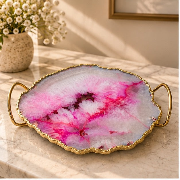 Pink Agate Serving Tray With Brass Loop Handles