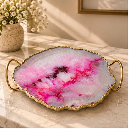 Pink Agate Serving Tray With Brass Loop Handles