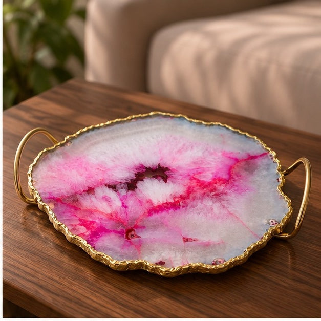 Pink Agate Serving Tray With Brass Loop Handles