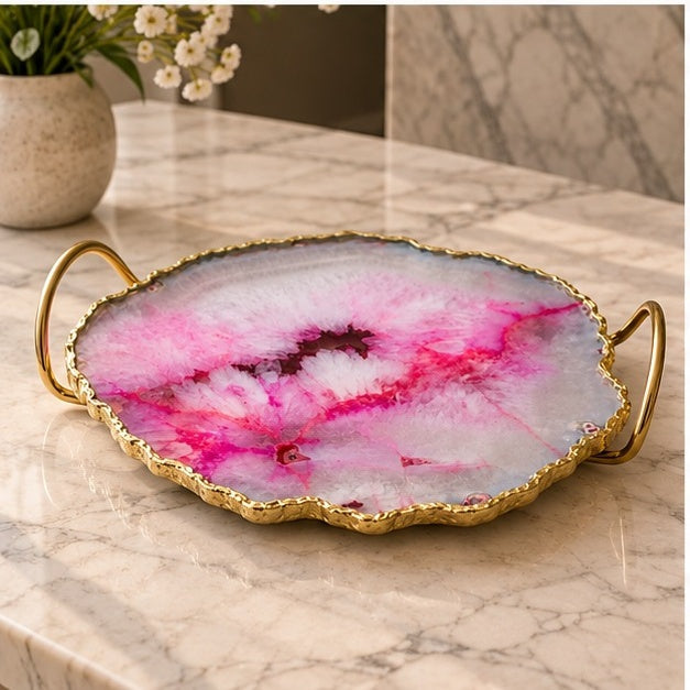 Pink Agate Serving Tray With Brass Loop Handles