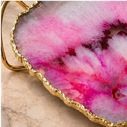 Pink Agate Serving Tray With Brass Loop Handles