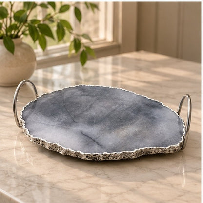 Gray Agate Quartz Serving Tray With Silver Finish Loop Handles