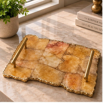 Large Golden Brown Agate Serving Tray with Plain Modern Brass Handles 10" x 15"