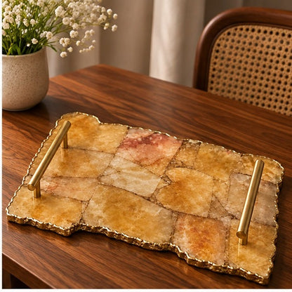 Large Golden Brown Agate Serving Tray with Plain Modern Brass Handles 10" x 15"