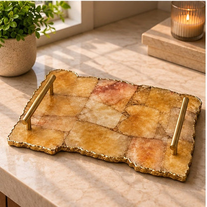 Large Golden Brown Agate Serving Tray with Plain Modern Brass Handles 10" x 15"