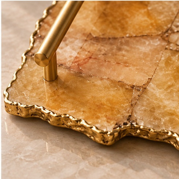 Large Golden Brown Agate Serving Tray with Plain Modern Brass Handles 10" x 15"