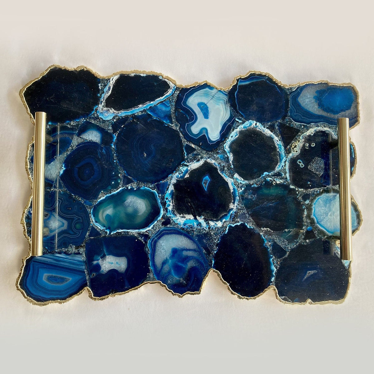 Large Blue Agate Serving Tray With Plain Modern Brass Handles 10"x15"