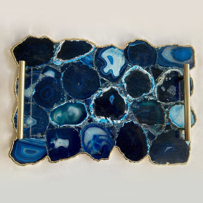 Large Blue Agate Serving Tray With Plain Modern Brass Handles 10"x15"