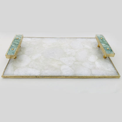 White Crystal Agate Serving Tray with Green Agate Handles