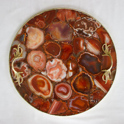 Red Agate Round Serving Tray with Brass Handles
