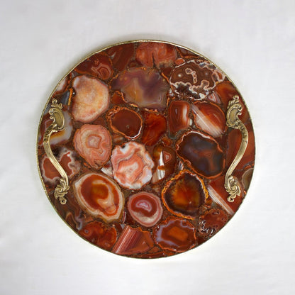 Red Agate Round Serving Tray with Brass Handles