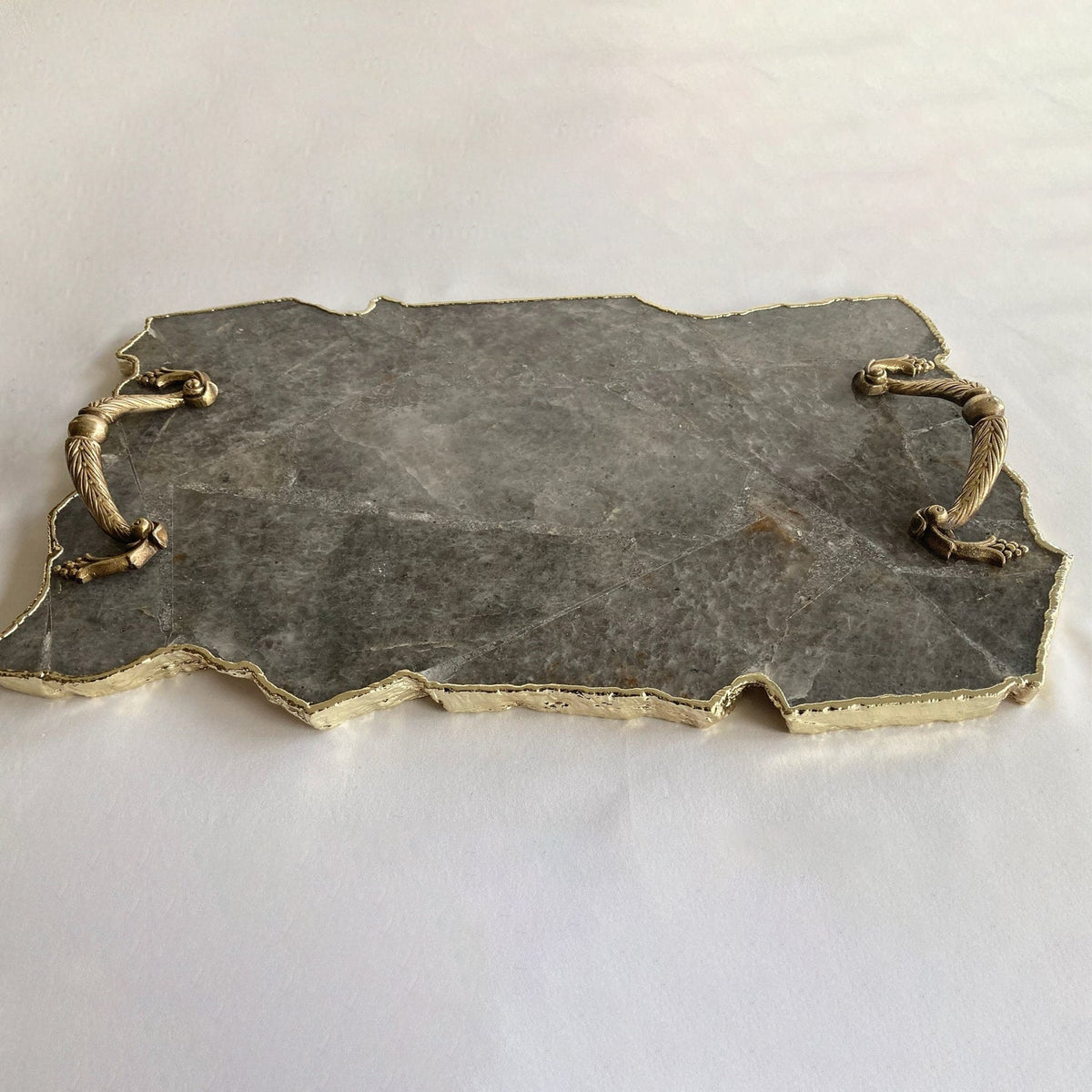 Large Smoky Gray Agate Serving Tray with Brass Handles 10" x 15"