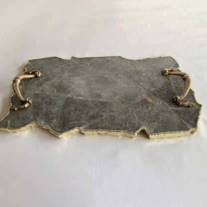 Large Smoky Gray Agate Serving Tray with Brass Handles 10" x 15"