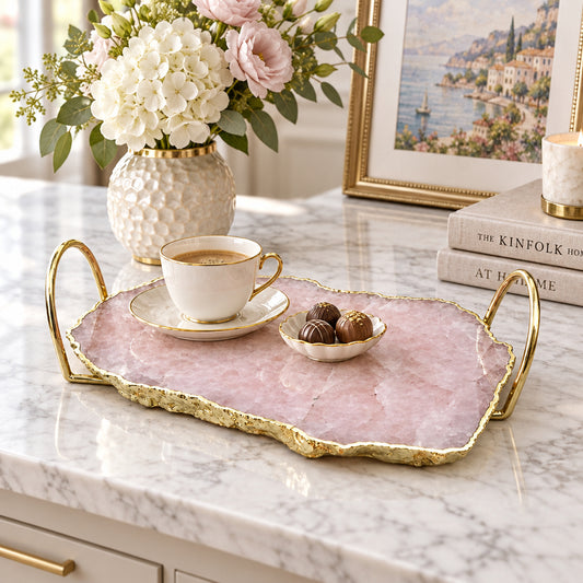 Rose Quartz Agate Serving Tray With Brass Loop Handles