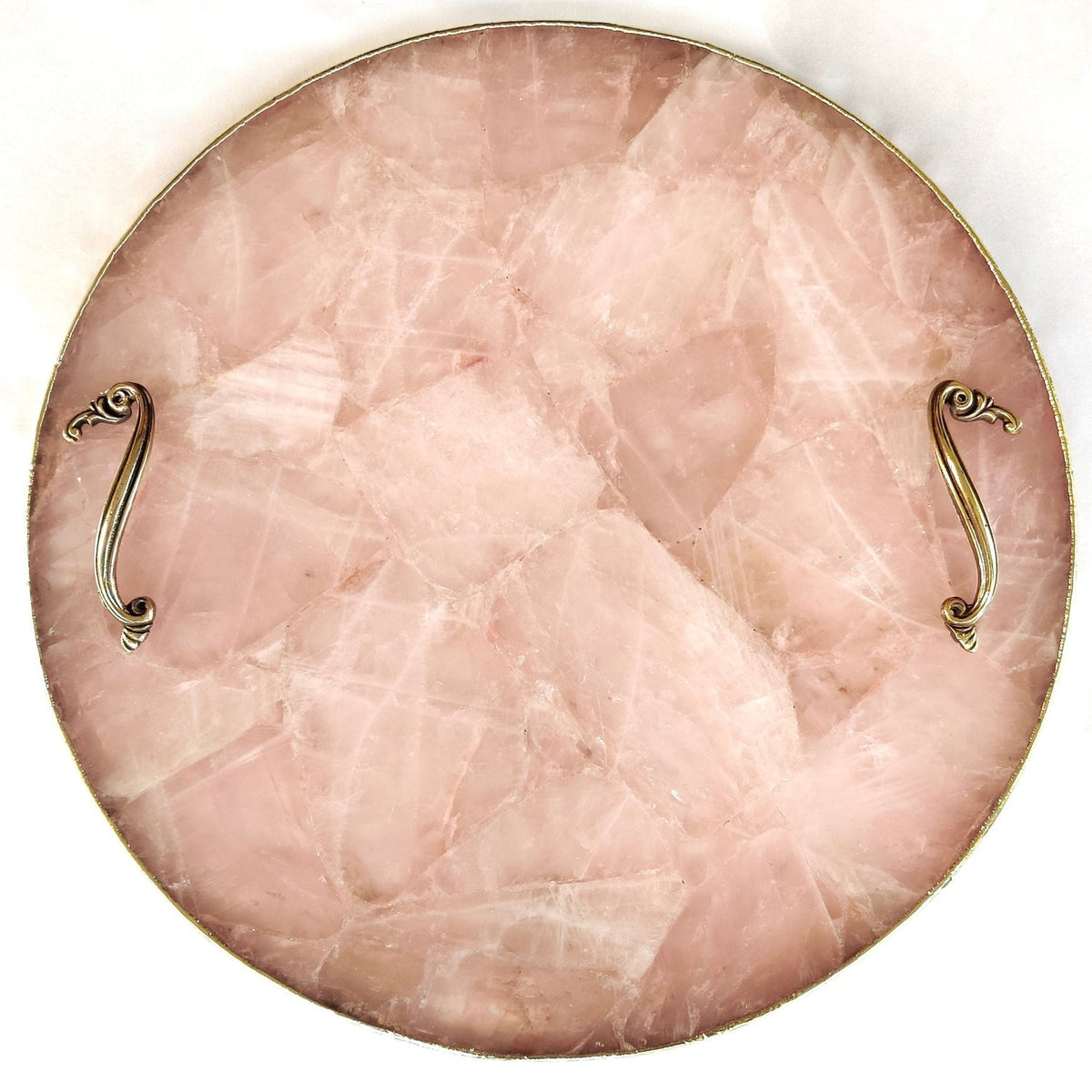 Rose Quartz Round Serving Tray with Brass Handles