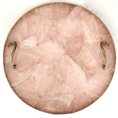 Rose Quartz Round Serving Tray with Brass Handles