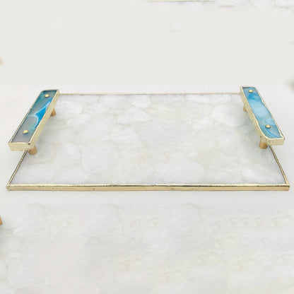 White Crystal Agate Serving Tray with Blue Agate Handles