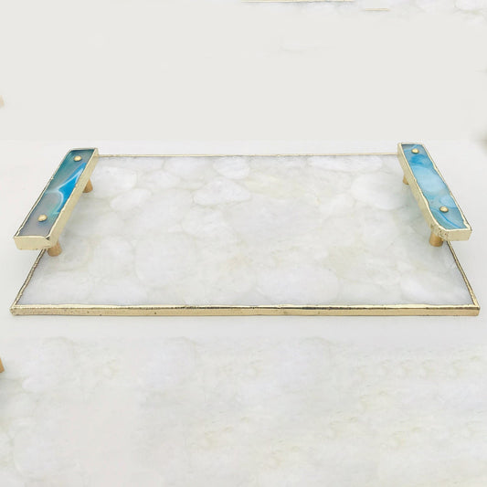 White Crystal Agate Serving Tray with Blue Agate Handles