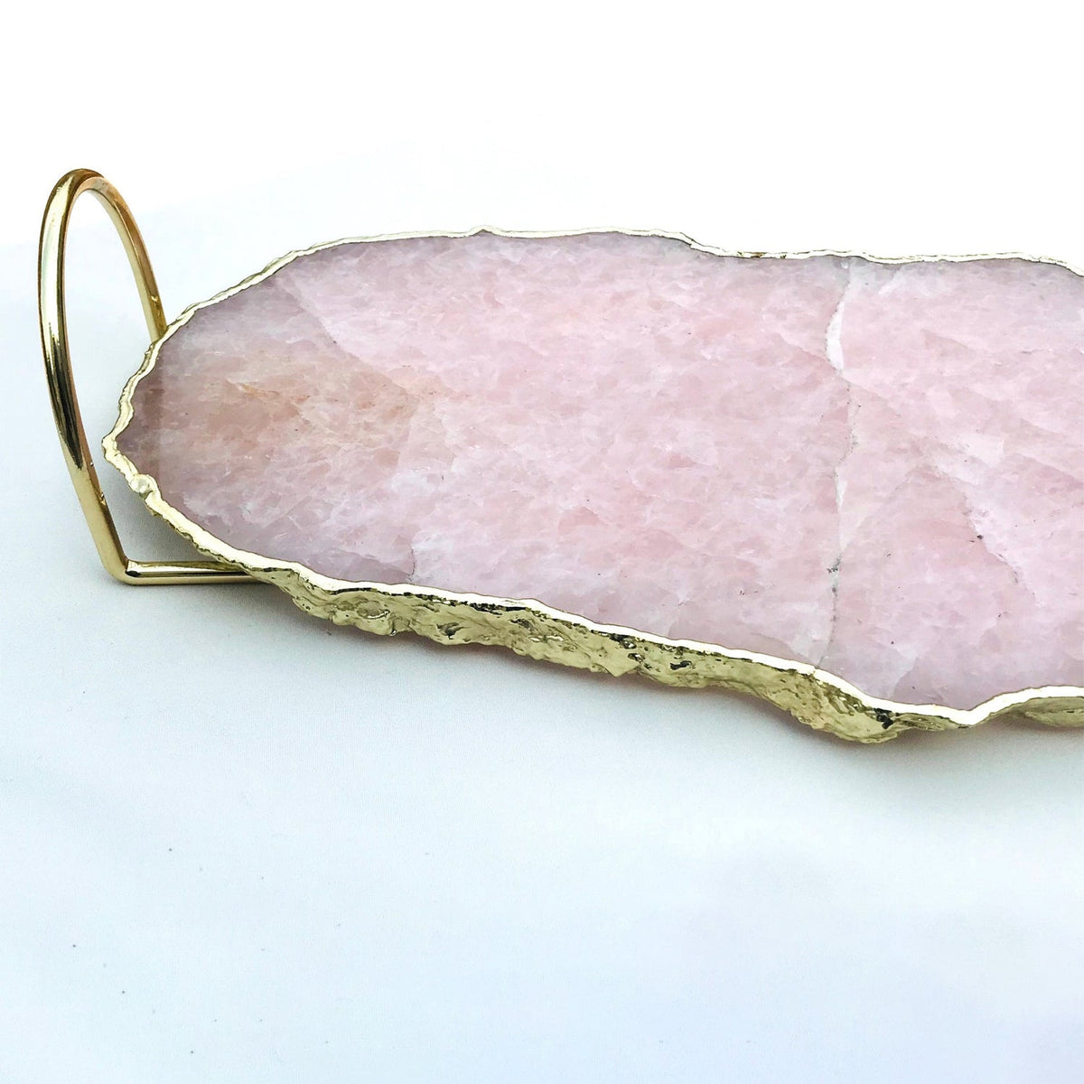 Rose Quartz Agate Serving Tray With Brass Loop Handles