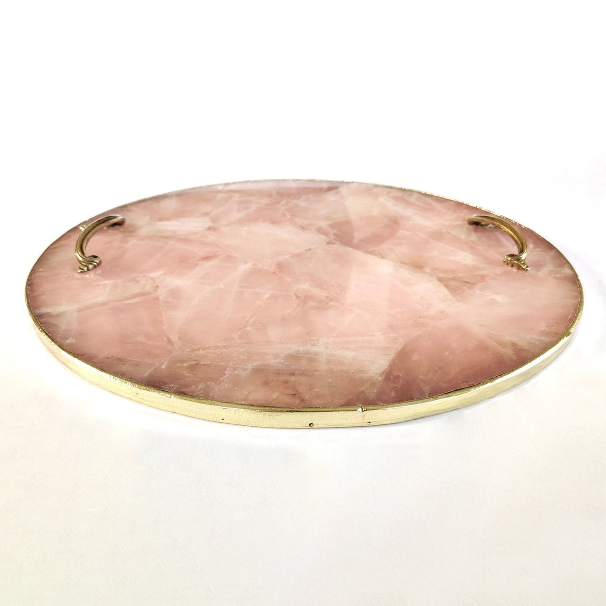 Rose Quartz Round Serving Tray with Brass Handles