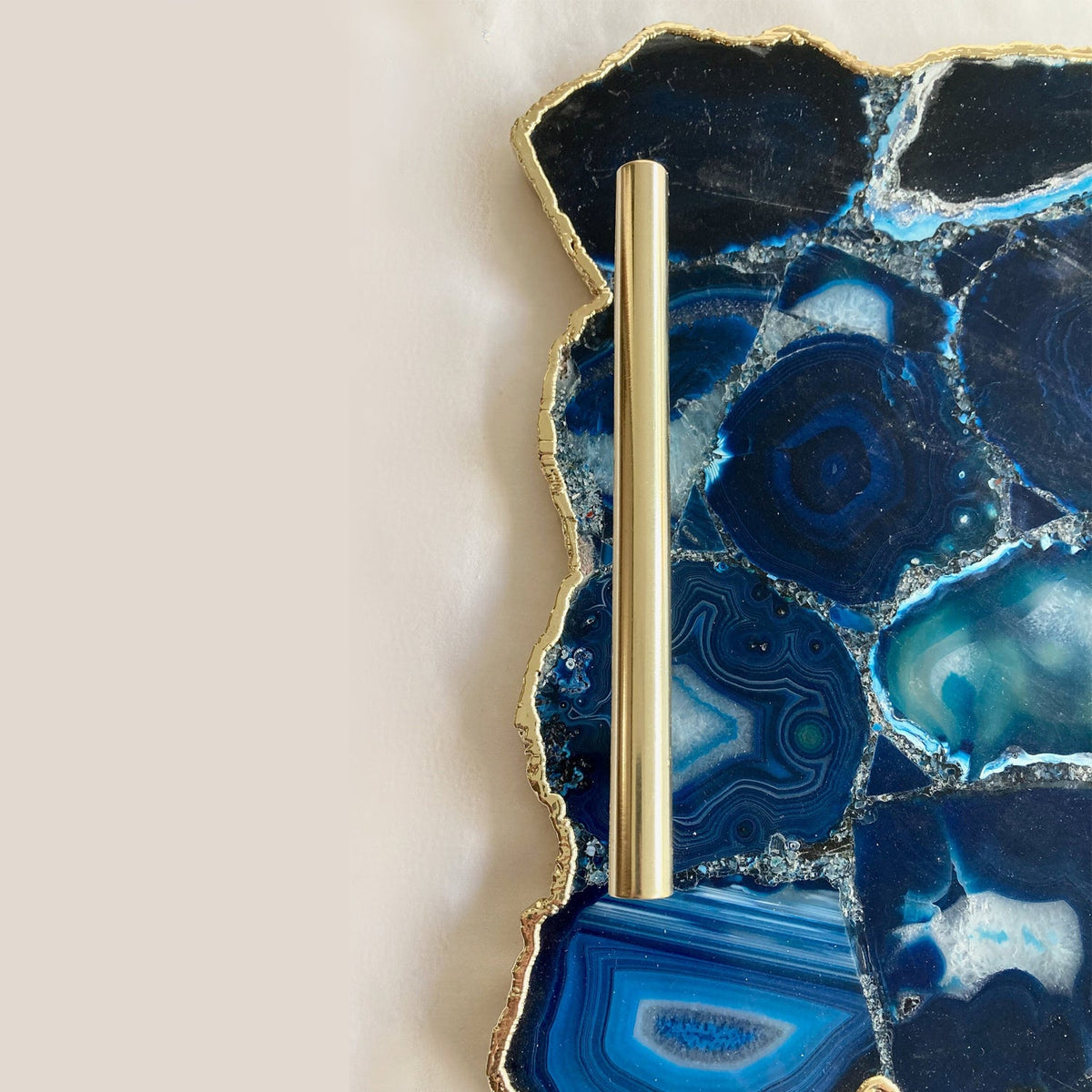 Large Blue Agate Serving Tray With Plain Modern Brass Handles 10"x15"