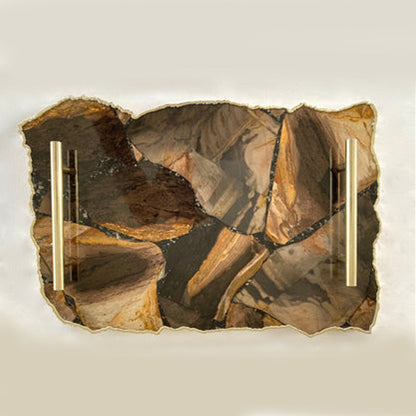 Large Brown Agate Serving Tray With Brass Handles 10"x15"