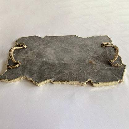 Large Smoky Gray Agate Serving Tray with Brass Handles 10" x 15"