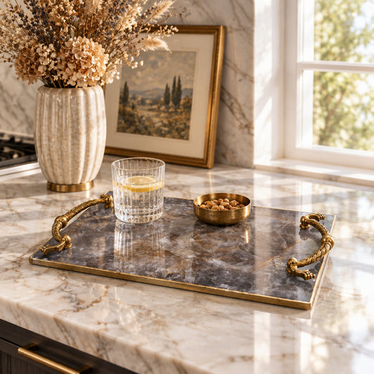 Smoky Quartz Serving Tray with Brass Handles
